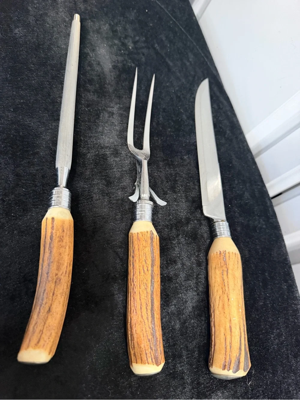 Vintage Sheffield Carving Set Rusnorstain Steel & Bone Brown Handles